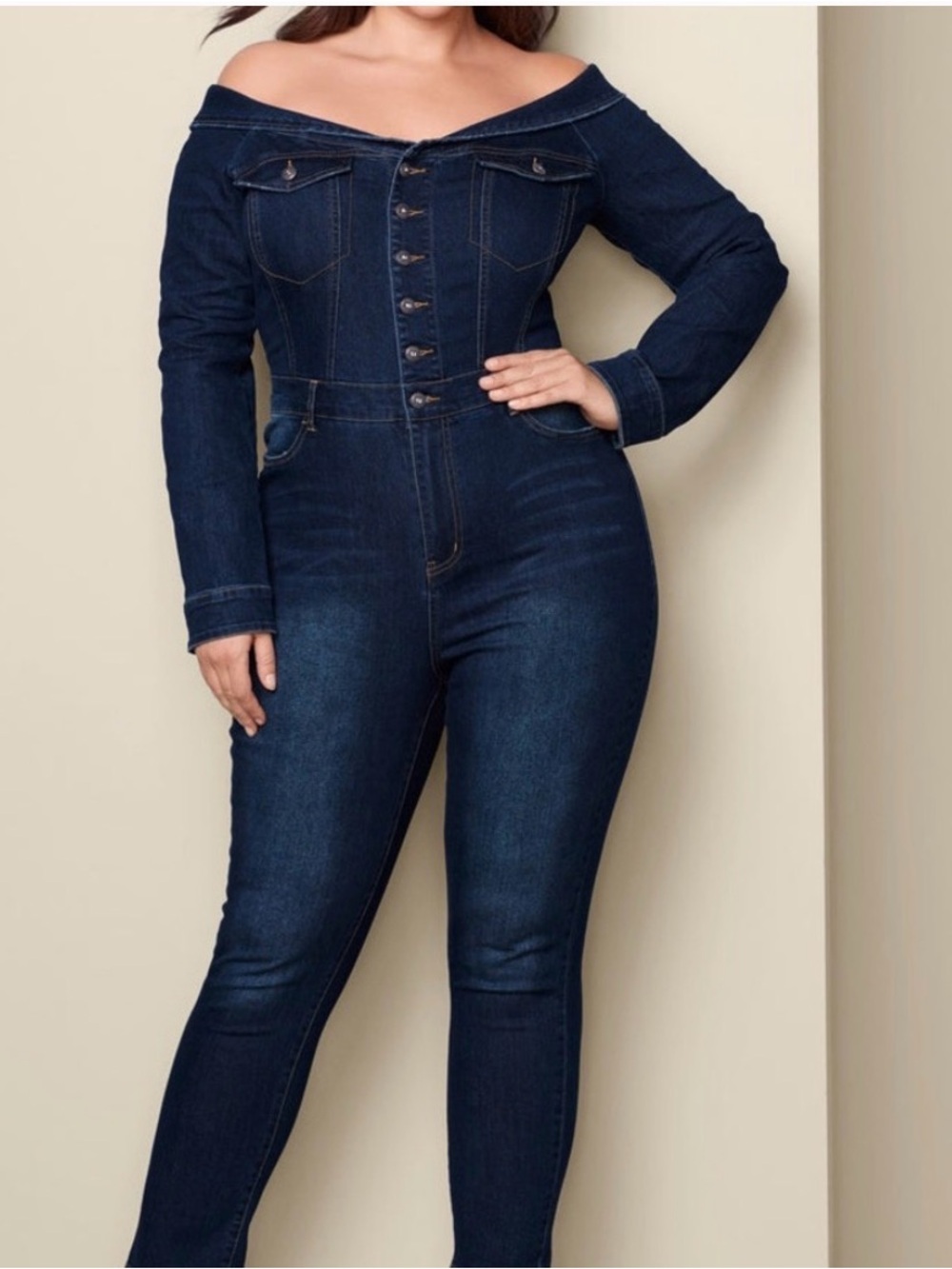 Dark Blue Off-Shoulder Denim Overalls Jumpsuit - Picture 2 of 12